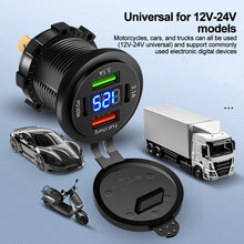 Carregar imagem no visualizador da galeria, Car Charger Socket PD 30W QC3.0 USB C Ports Waterproof with Voltmeter 83W Fast Charging 12V/24V For Motorcycle Truck RV Boat