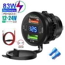 Carregar imagem no visualizador da galeria, Car Charger Socket PD 30W QC3.0 USB C Ports Waterproof with Voltmeter 83W Fast Charging 12V/24V For Motorcycle Truck RV Boat
