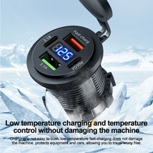 Carregar imagem no visualizador da galeria, Car Charger Socket PD 30W QC3.0 USB C Ports Waterproof with Voltmeter 83W Fast Charging 12V/24V For Motorcycle Truck RV Boat
