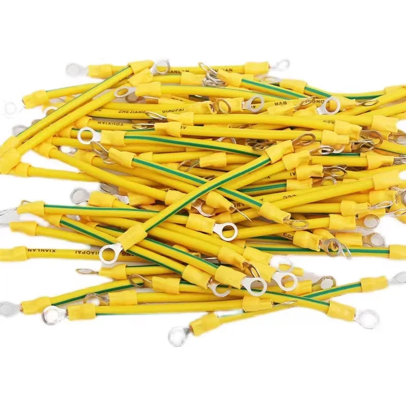 100 PCS BVR PV Solar Photovoltaic Ground Wire with Terminal 14/12/10AWG Earth Wire Hole 5/6/8mm Yellow-Green Copper Earth Cable