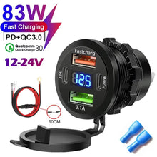 Carregar imagem no visualizador da galeria, Car Charger Socket PD 30W QC3.0 USB C Ports Waterproof with Voltmeter 83W Fast Charging 12V/24V For Motorcycle Truck RV Boat
