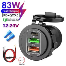 Carregar imagem no visualizador da galeria, Car Charger Socket PD 30W QC3.0 USB C Ports Waterproof with Voltmeter 83W Fast Charging 12V/24V For Motorcycle Truck RV Boat
