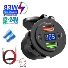 Carregar imagem no visualizador da galeria, Car Charger Socket PD 30W QC3.0 USB C Ports Waterproof with Voltmeter 83W Fast Charging 12V/24V For Motorcycle Truck RV Boat
